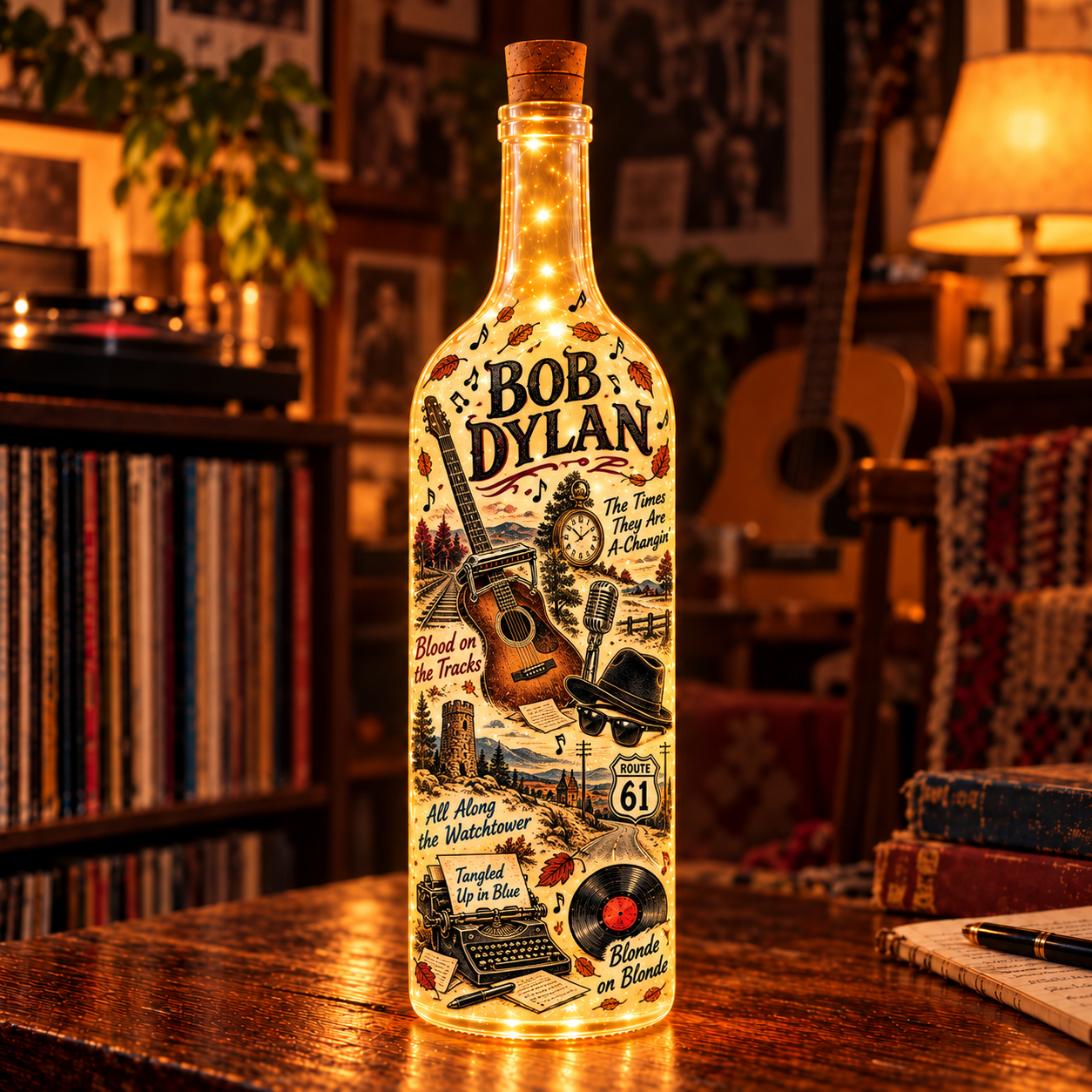 Bob Dylan Lighted Bottle Lamp, Folk Rock LED Bottle Decor, Bob Dylan Fan Gift, Music Room Night Light, Vintage Music Home Decor