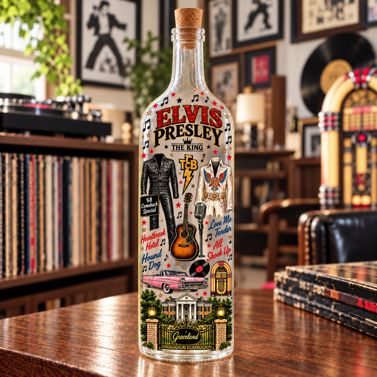 Elvis Presley Lighted Bottle Lamp, The King Rock N Roll Decor, Graceland LED Bottle Light, Elvis Fan Gift, Vintage Music Room Decor