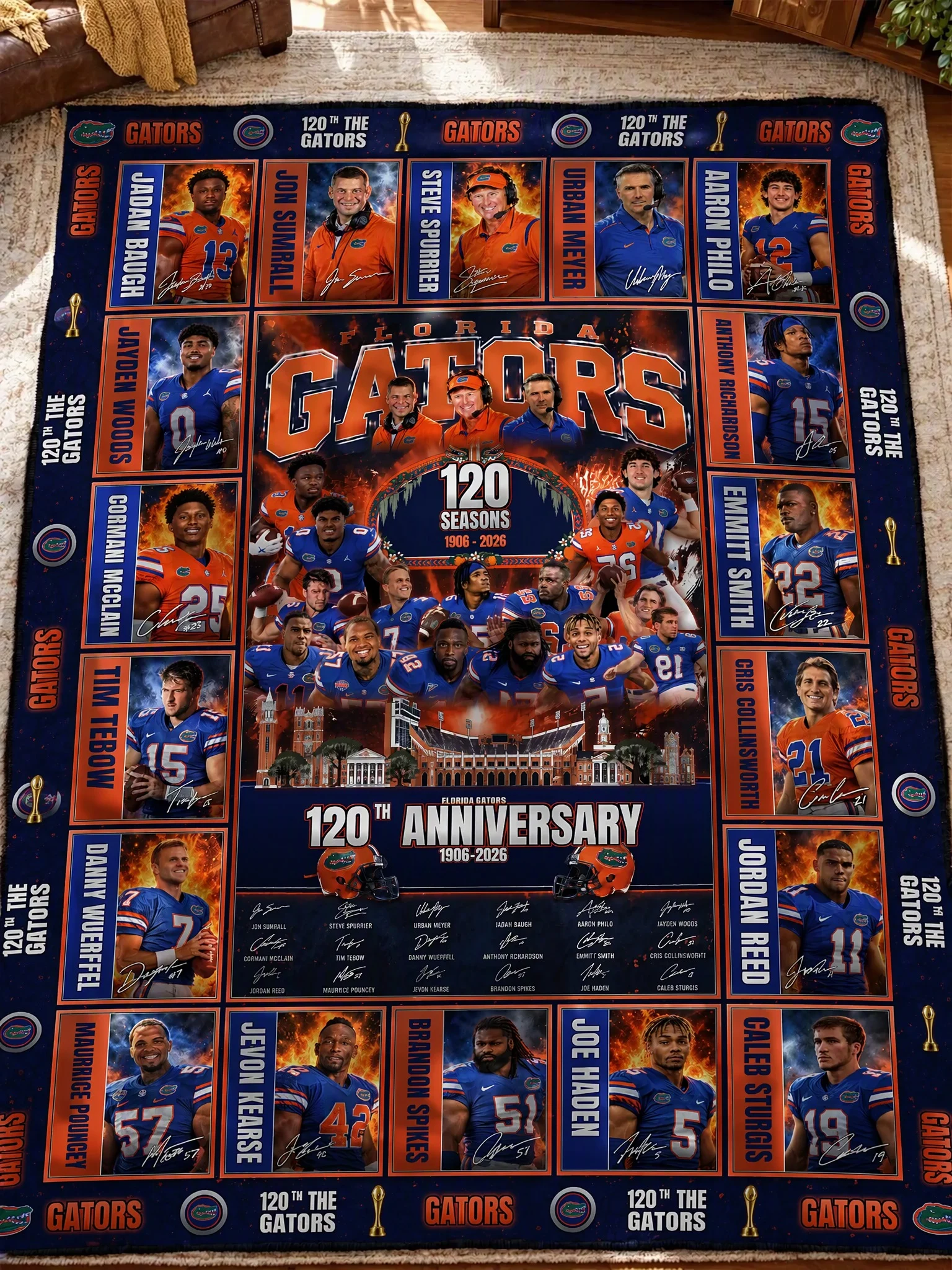 florida gators 120th anniversary legends legacy quilt blanket 1.jpg Florida Gators 120th Anniversary Legends & Legacy Quilt Blanket – 1906–2026