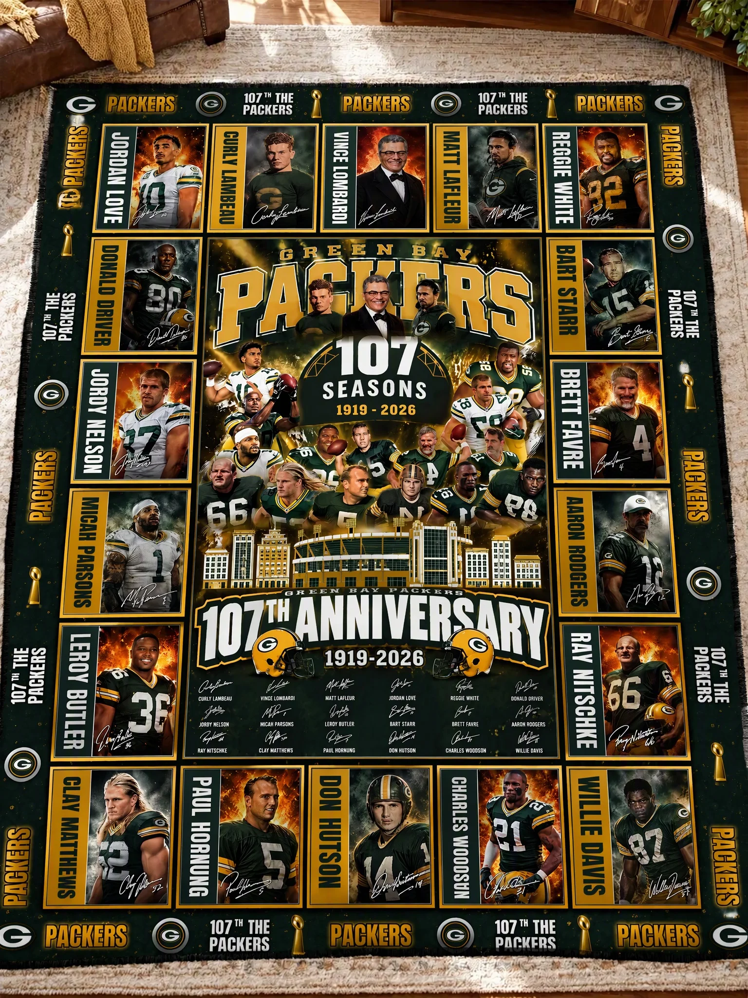 green bay packers 107th anniversary legends legacy quilt blanket 1.jpg Green Bay Packers 107th Anniversary Legends & Legacy Quilt Blanket – 1919–2026