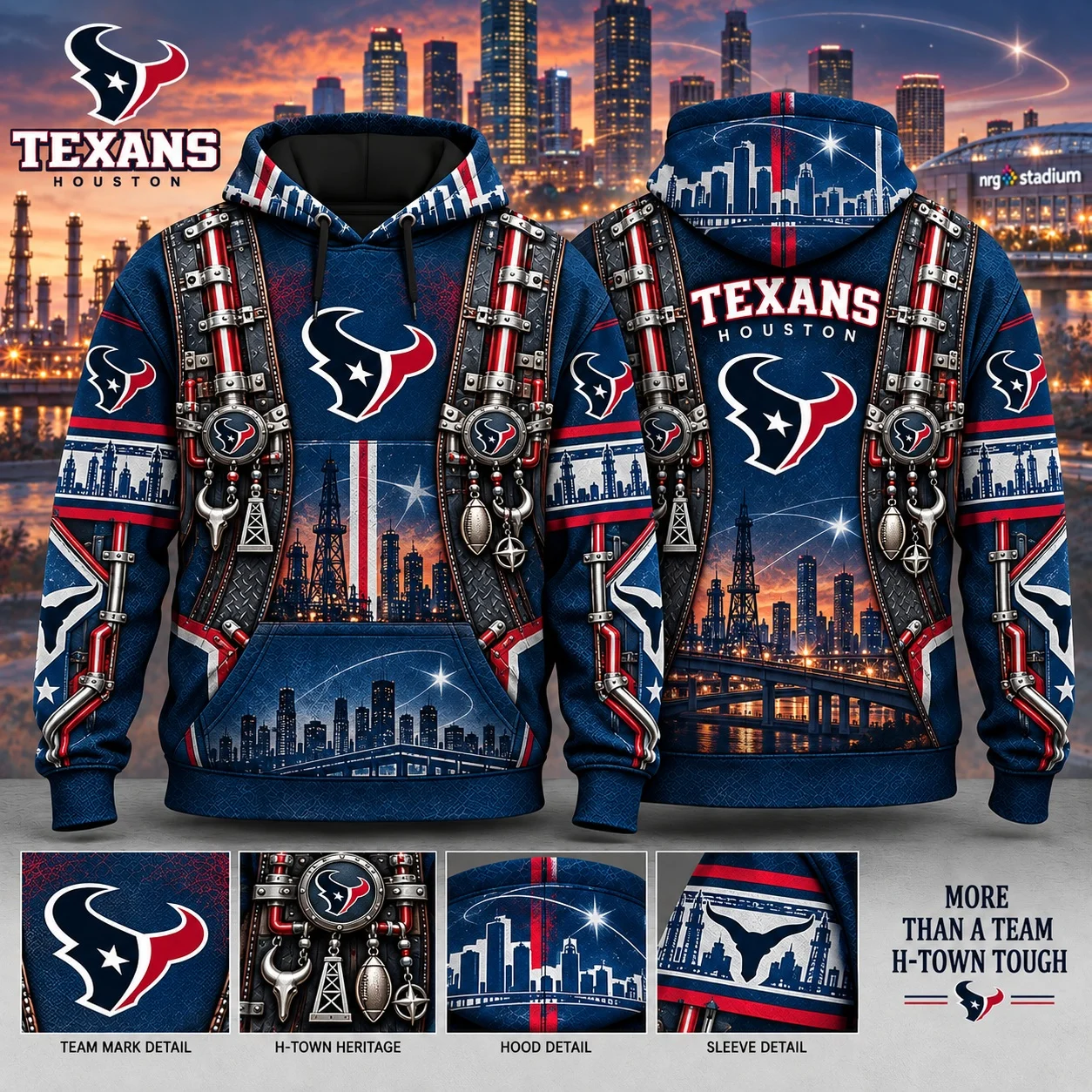 Houston Texans Heritage Hoodie, H-Town Oil Rig Skyline Inspired Football Hoodie, Texans Fan Gift