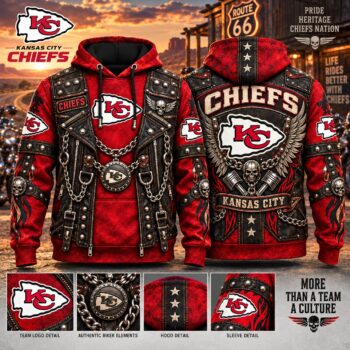 Kansas City Chiefs Biker Heritage Hoodie, Leather Vest Route 66 Football Hoodie, Chiefs Nation Fan Gift