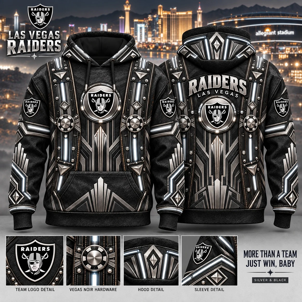 las vegas raiders heritage hoodie native inspired football hoodie 1.jpg Las Vegas Raiders Heritage Hoodie, Vegas Noir Silver Art Deco Inspired Football Hoodie, Raiders Fan Gift