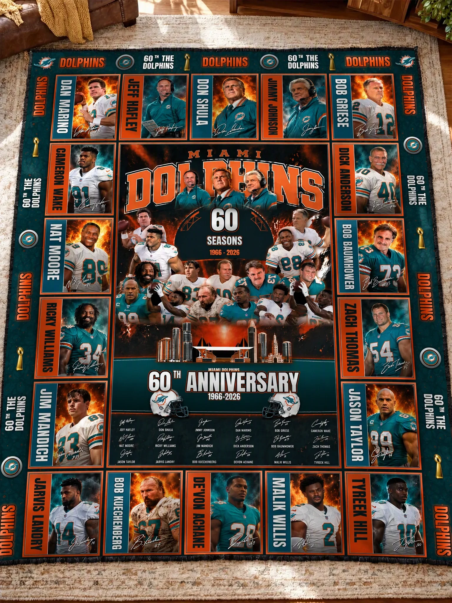 miami dolphins 60th anniversary legends legacy quilt blanket 1.jpg Miami Dolphins 60th Anniversary Legends & Legacy Quilt Blanket – 1966–2026
