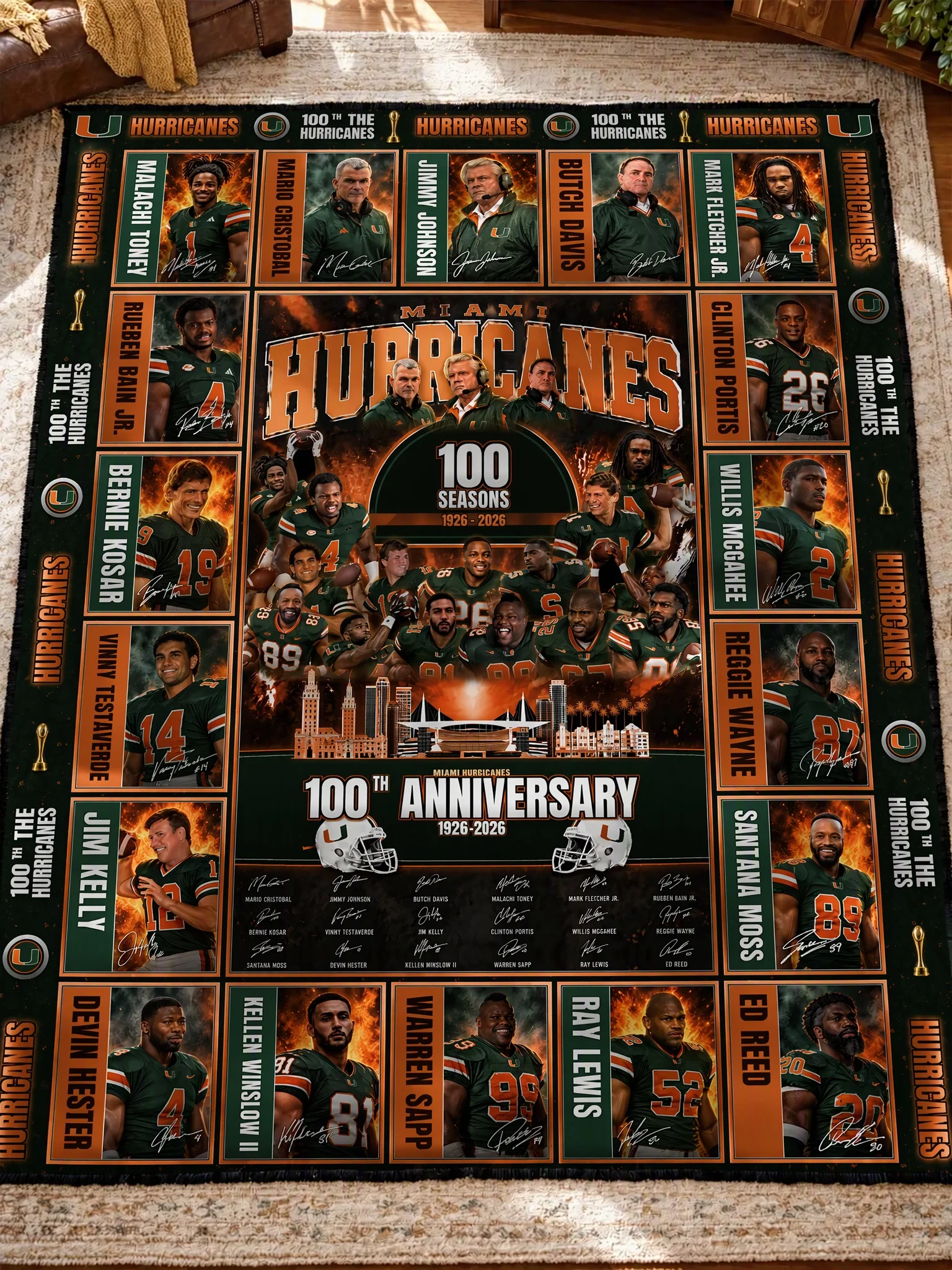 Miami Hurricanes 100th Anniversary Legends & Legacy Quilt Blanket – 1926–2026
