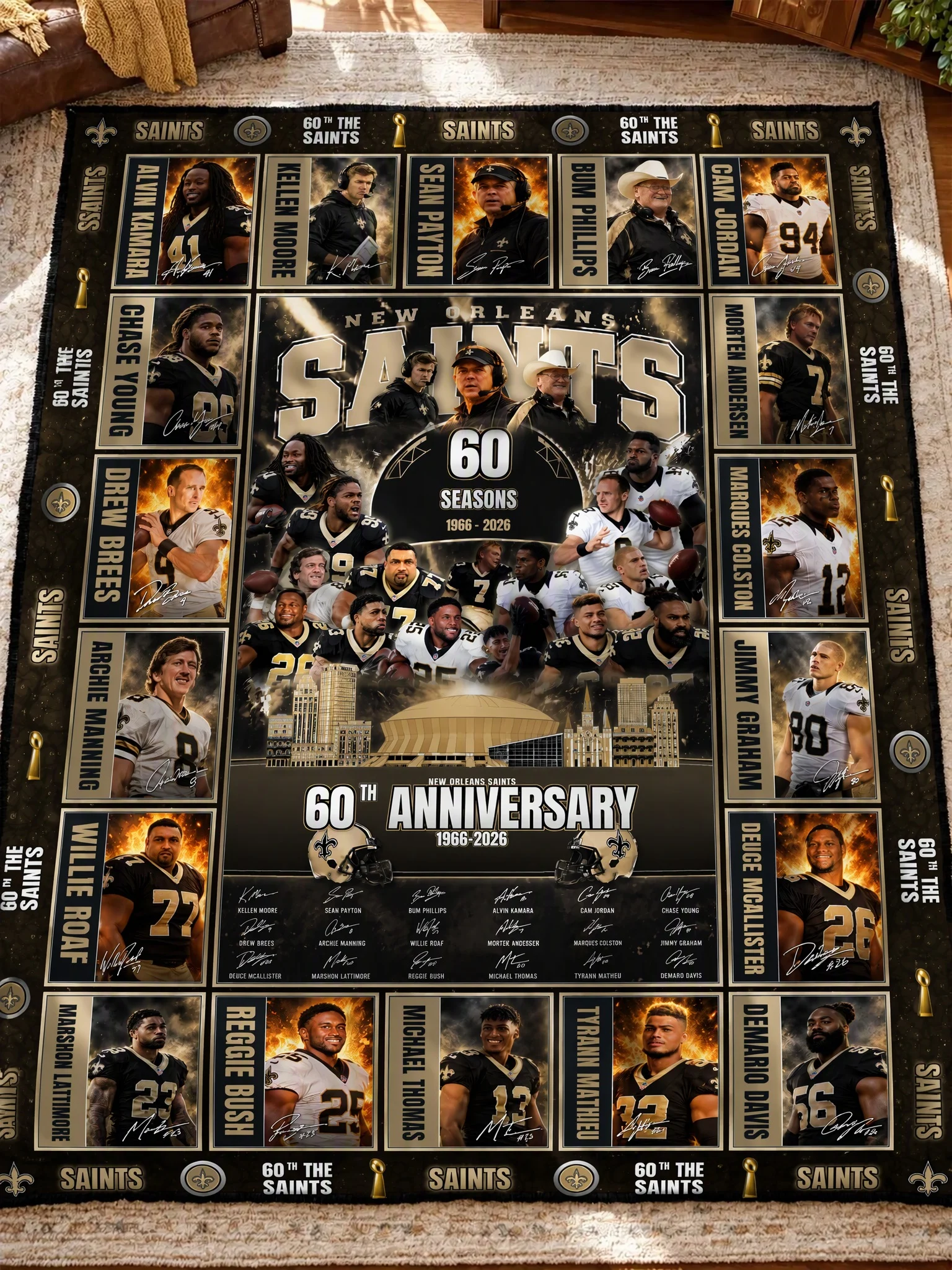 New Orleans Saints 60th Anniversary Legends & Legacy Quilt Blanket – 1966–2026