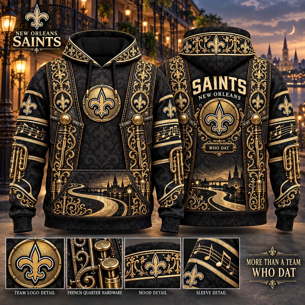 New Orleans Saints Heritage Hoodie, French Quarter Gold Filigree Inspired Football Hoodie, Saints Fan Gift