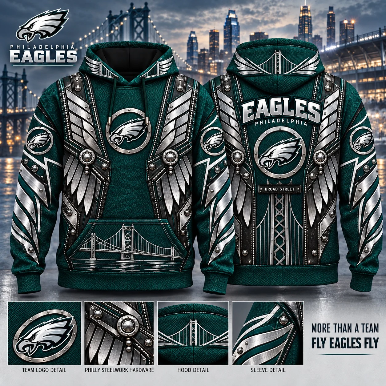 Philadelphia Eagles Heritage Hoodie, Philly Steelwork Silver Wing Inspired Football Hoodie, Eagles Fan Gift
