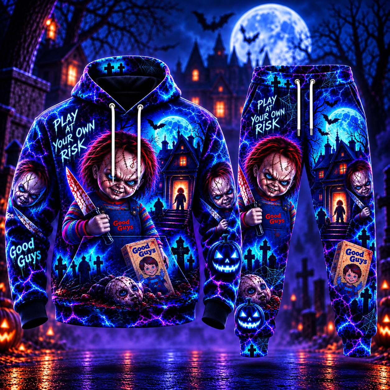 photo 2026 09 19 22 06 07.jpg Halloween Neon Chucky AOP T-Shirt Sweatshirt Hoodie