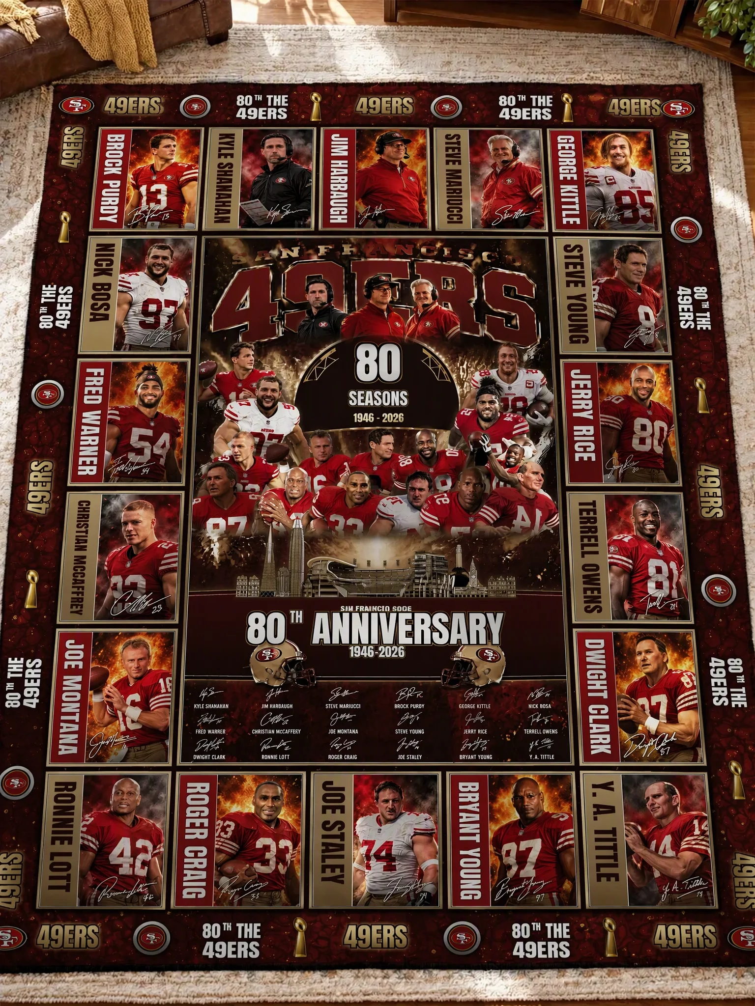 san francisco 49ers 80th anniversary legends legacy quilt blanket 1.jpg San Francisco 49ers 80th Anniversary Legends & Legacy Quilt Blanket – 1946–2026