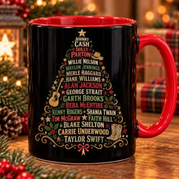 Country Music Legends Christmas Tree Coffee Mug – Retro Country Stars Red Handle Accent Holiday Coffee Cup