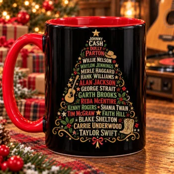 Country Music Legends Christmas Tree Coffee Mug – Retro Country Stars Red Handle Accent Holiday Coffee Cup