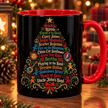 Grateful Dead Songs Christmas Tree Coffee Mug – Classic Song Titles & Dancing Bears Deadhead Fan Rock Gift